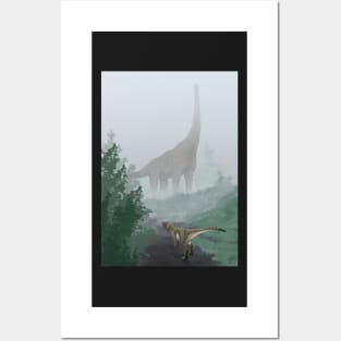 Dinosaurs in fog art print Posters and Art